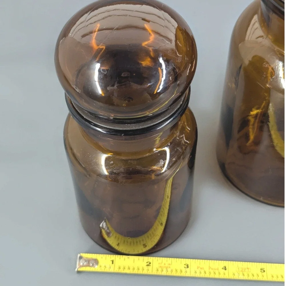 Vintage Amber Glass Apothecary Jar Set Bubble Top Stopper Mid Century Modern